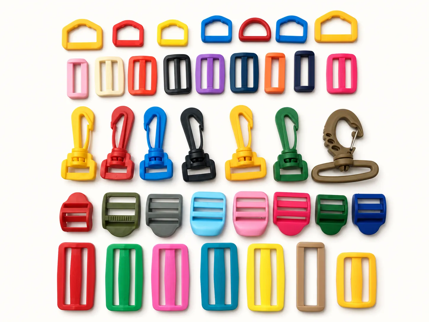 Colorful plastic buckle accessories including adjusters rings and hooks