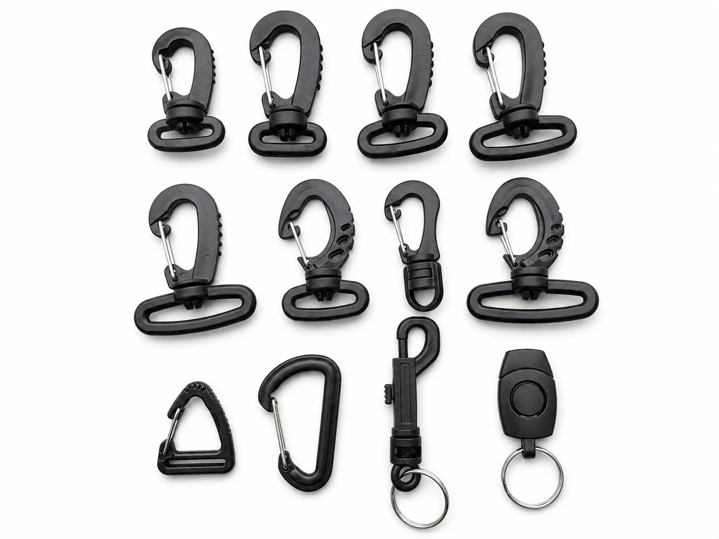 Black plastic carabiner hooks and clips in multiple shapes and sizes
