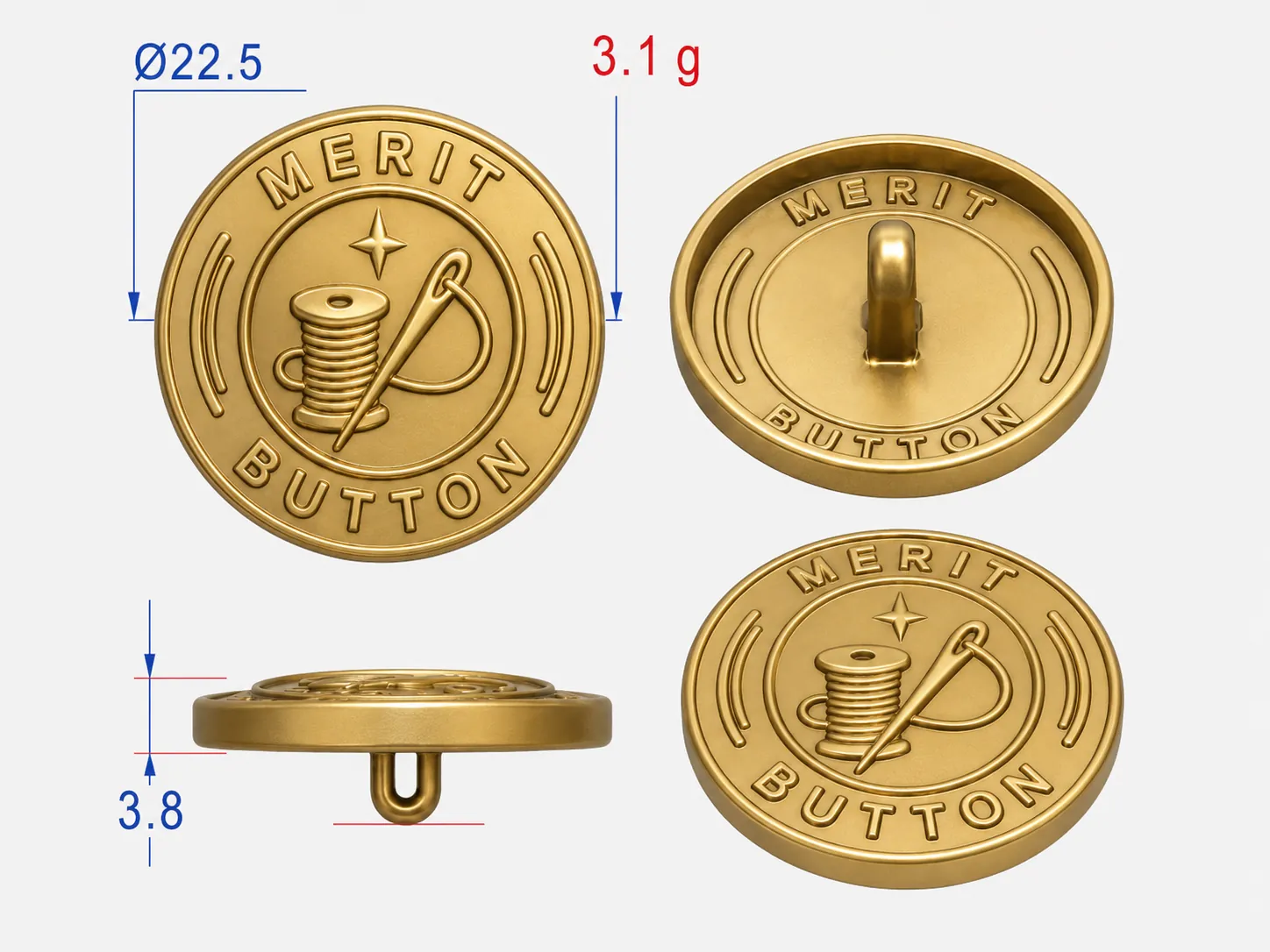 Merit custom metal button specification drawing showing front, side and back views