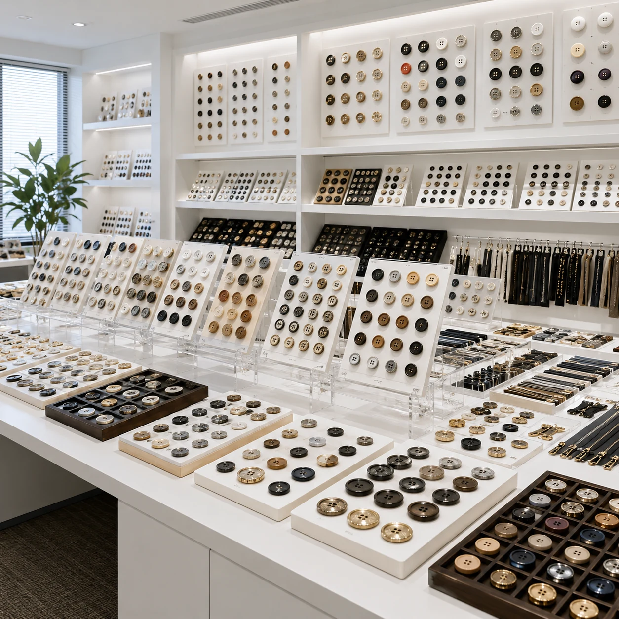 Merit Trims showroom with button sample boards and trim displays