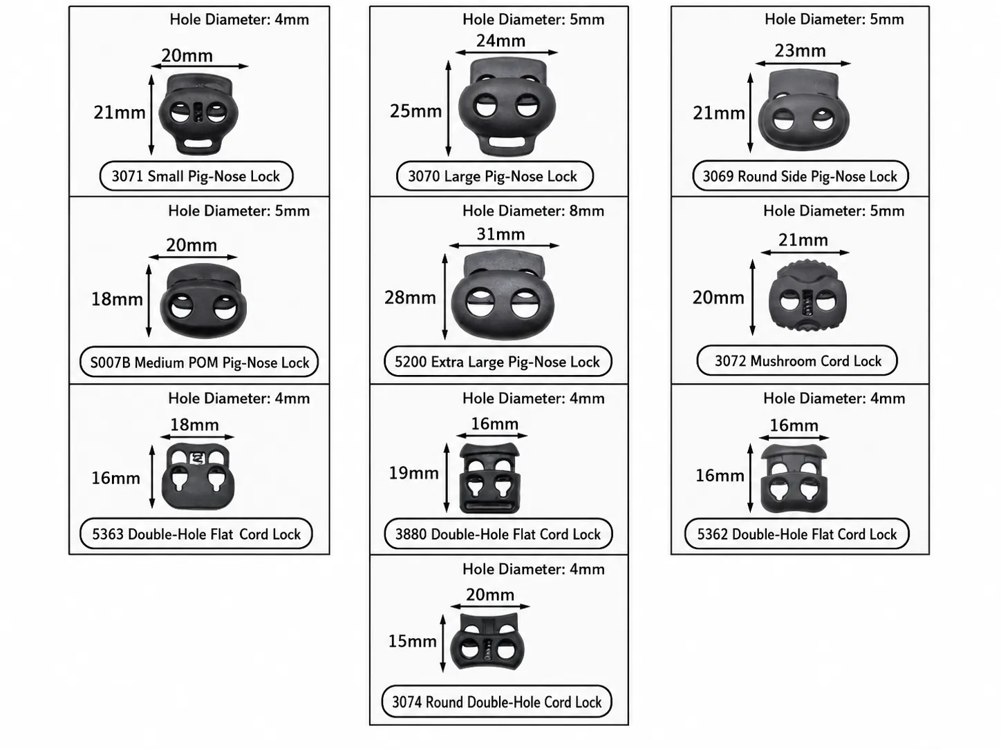 Pig nose and flat cord lock chart with 3071, 3070, 3069, S007B, 5200, 3072, 5363, 3880, 5362 and 3074