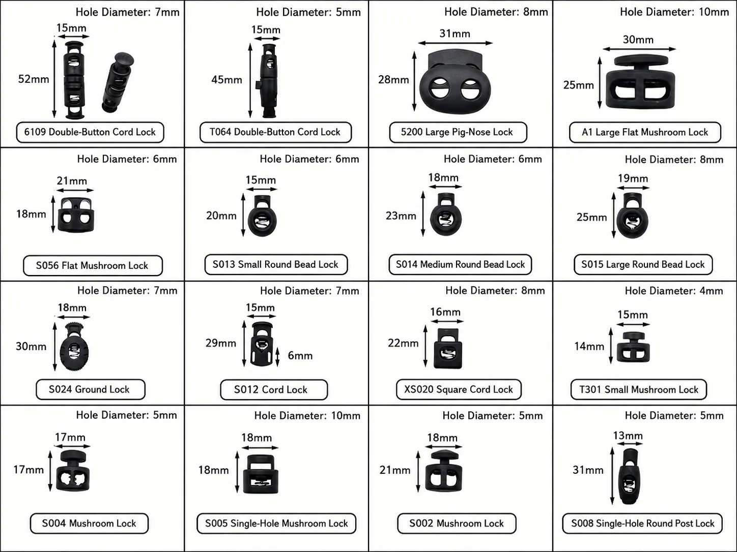 Specialty cord stopper chart including 6109, T064, 5200, A1, S056, S013, S014, S015, S024, S012, XS020, T301, S004, S005, S002 and S008
