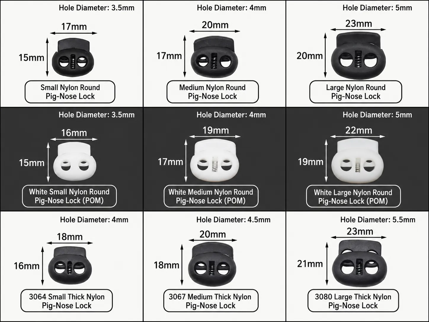 Pig-nose lock size comparison sheet with black and white POM versions including 3064, 3067 and 3080