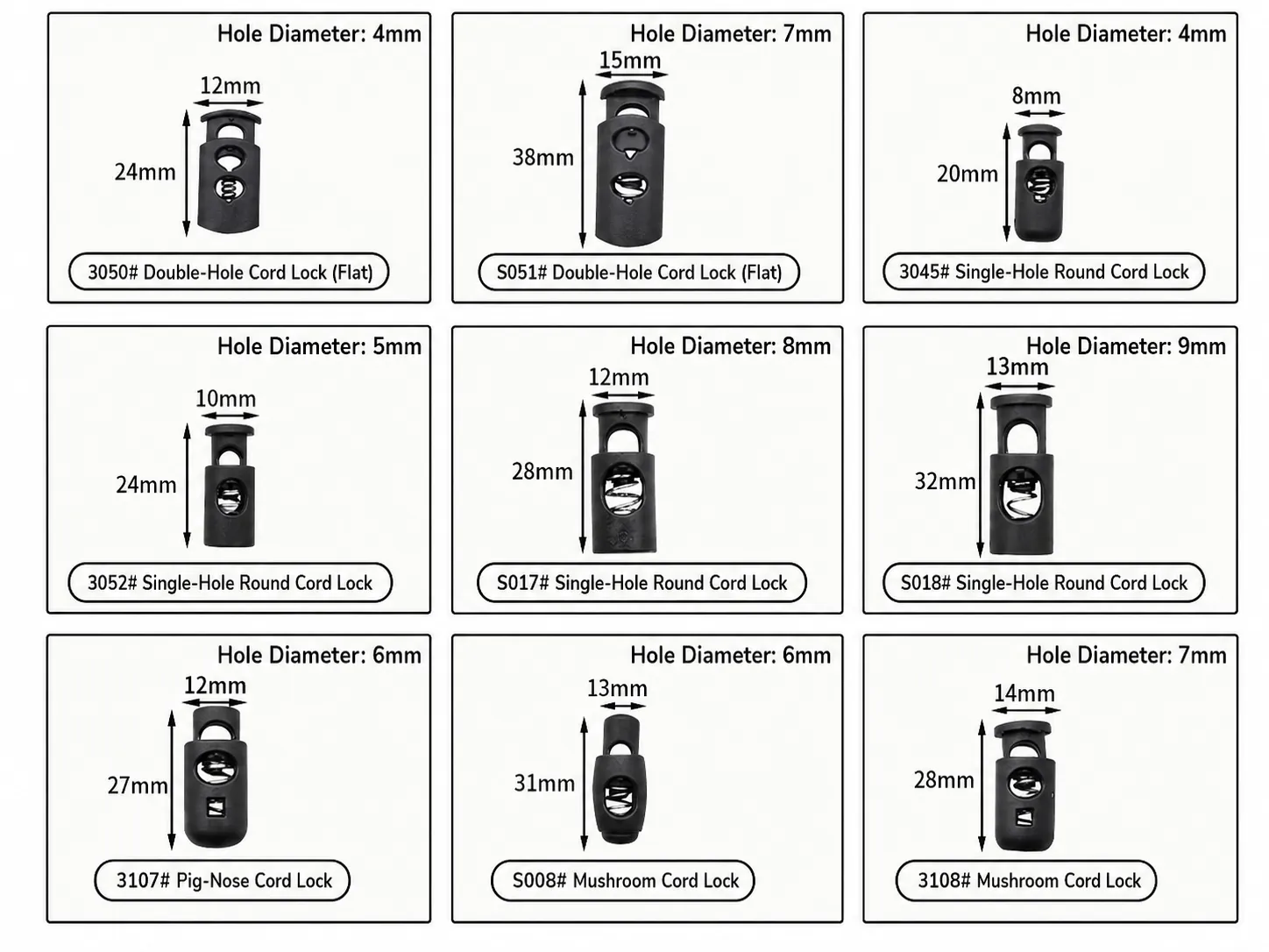 Cord stopper chart featuring 3050, S051, 3045, 3052, S017, S018, 3107, S008 and 3108