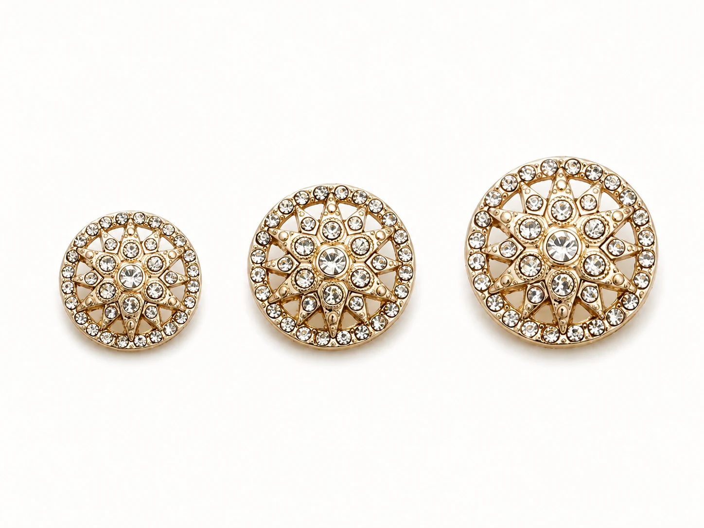 gold starburst crystal buttons in three sizes