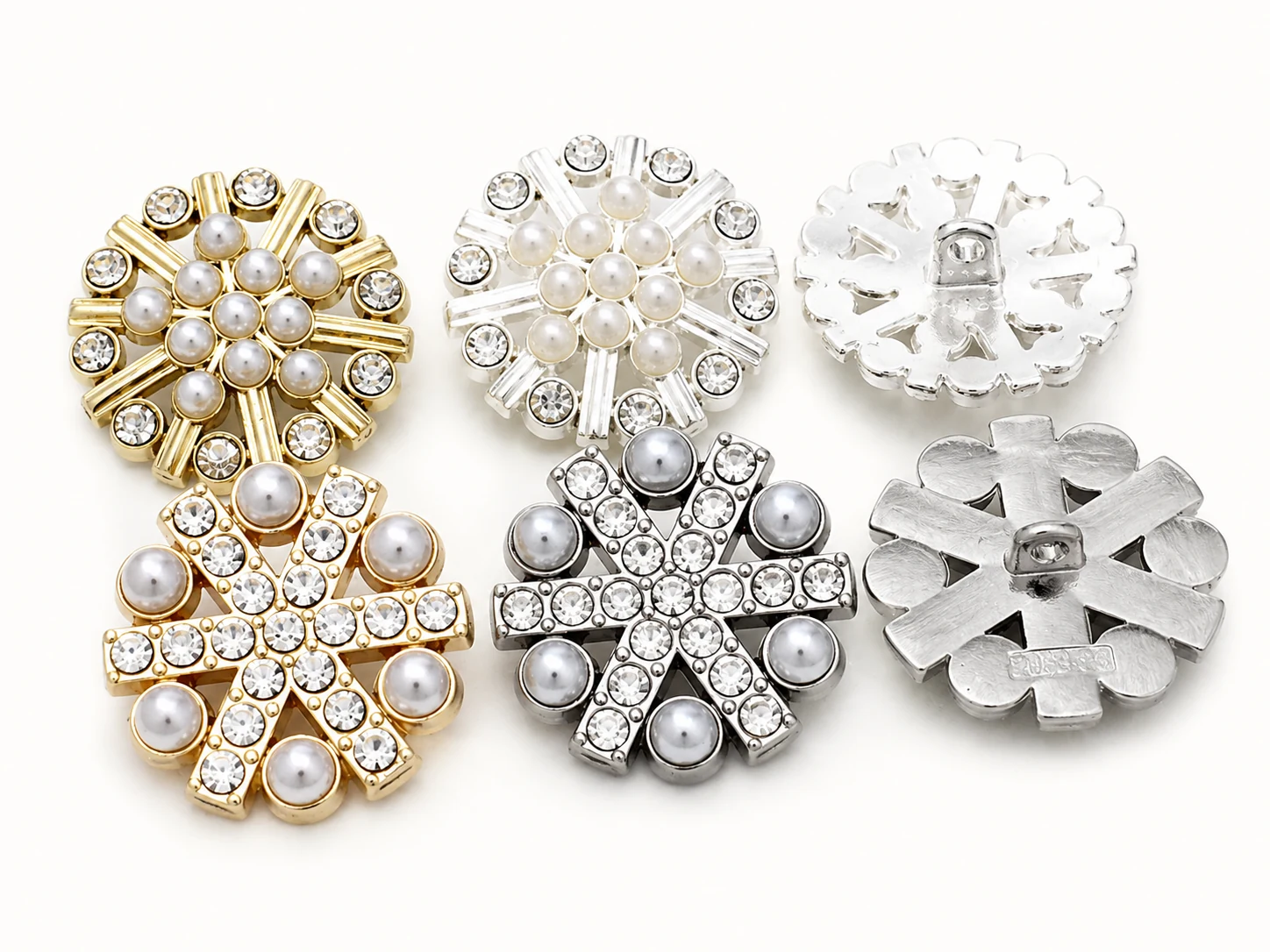 gold and silver pearl crystal snowflake shank buttons with back view