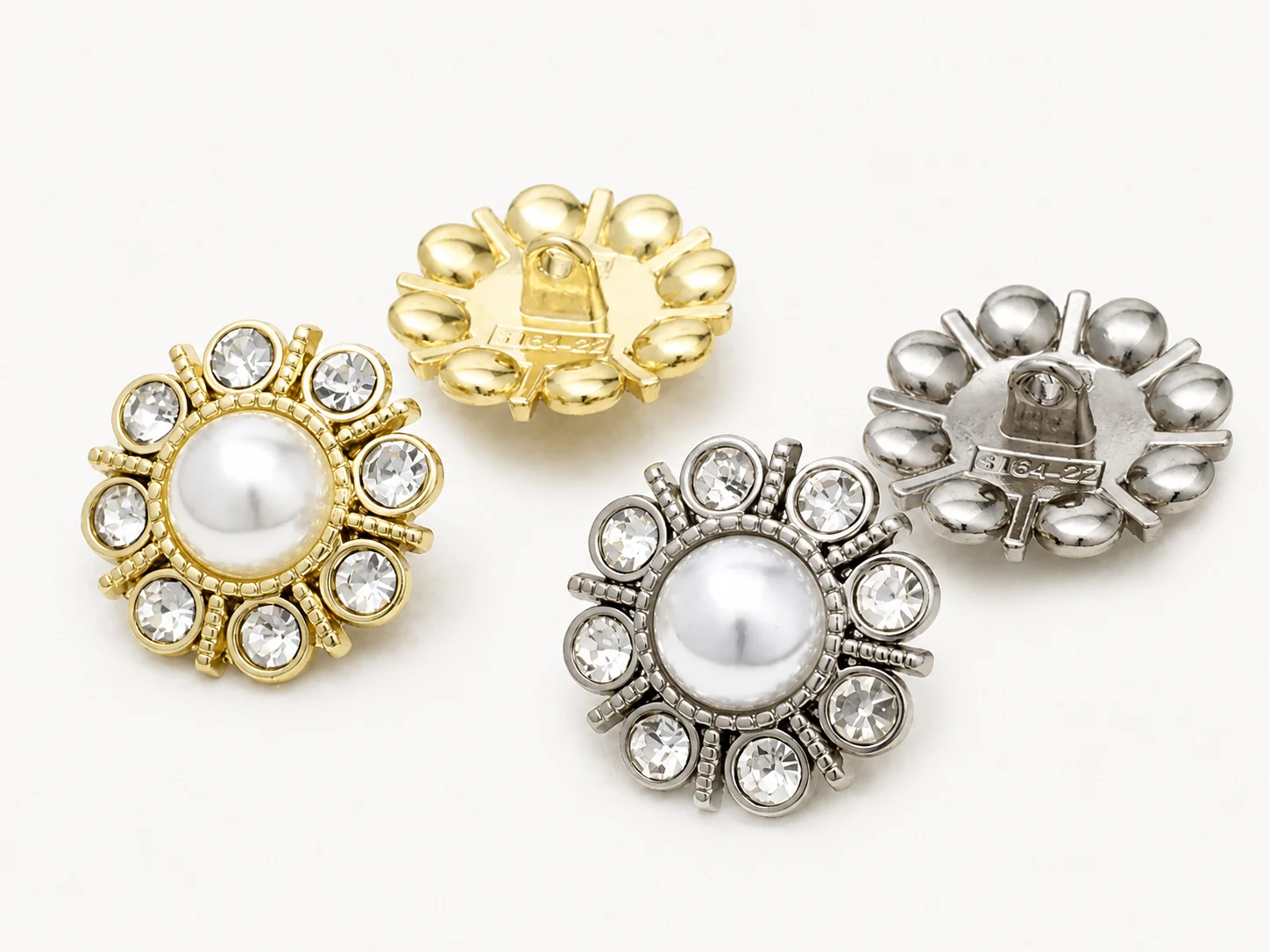 small pearl halo shank buttons in gold and silver finishes with back view