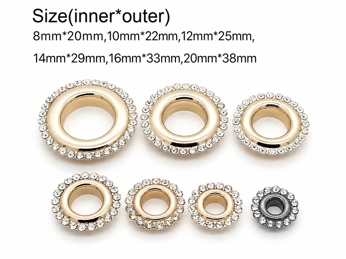 Rhinestone eyelets in multiple sizes with inner and outer size chart
