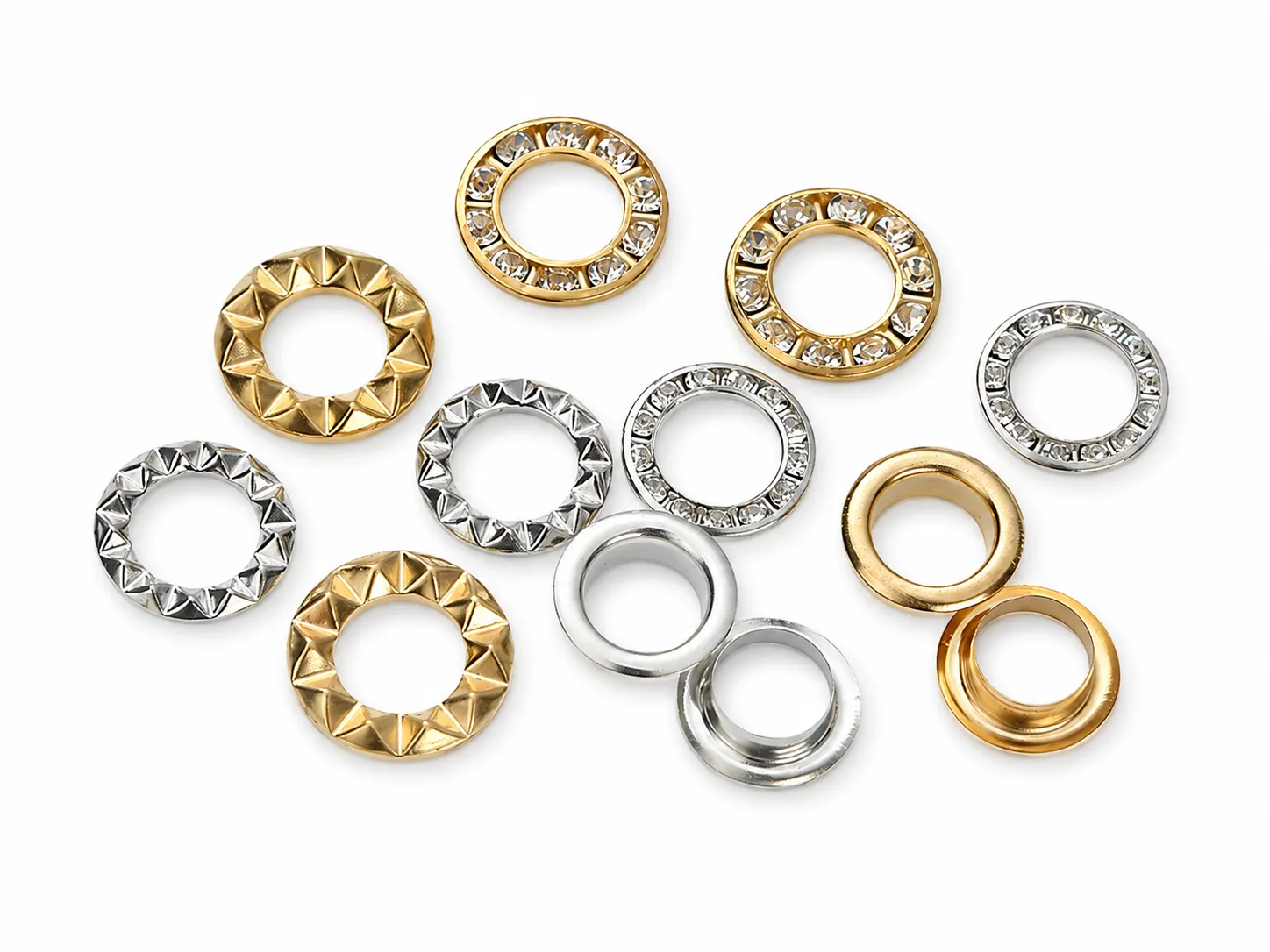 Assorted decorative eyelets and washers in gold and silver finishes