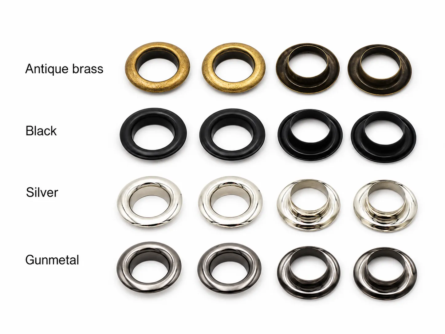 Standard metal eyelets shown in antique brass black silver and gunmetal finishes