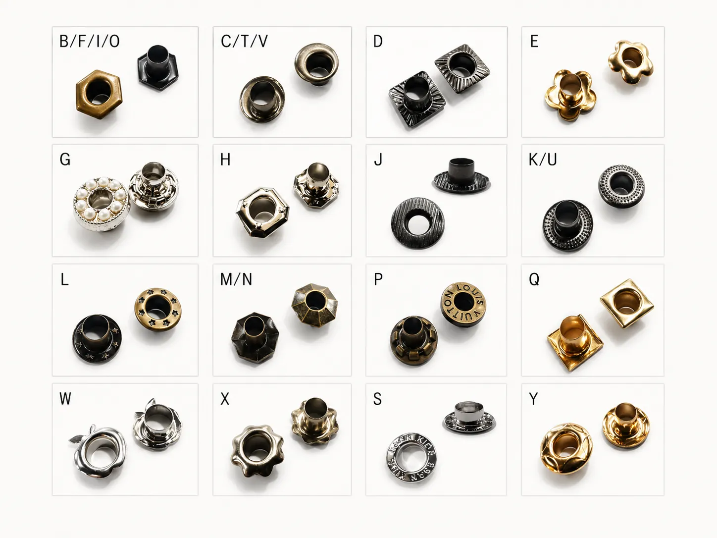 Matrix showing multiple decorative eyelet styles and shape references