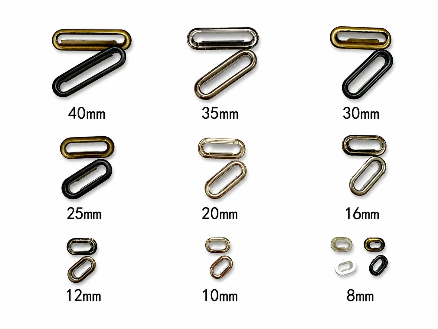 Oblong metal eyelets shown in size options from 8mm to 40mm