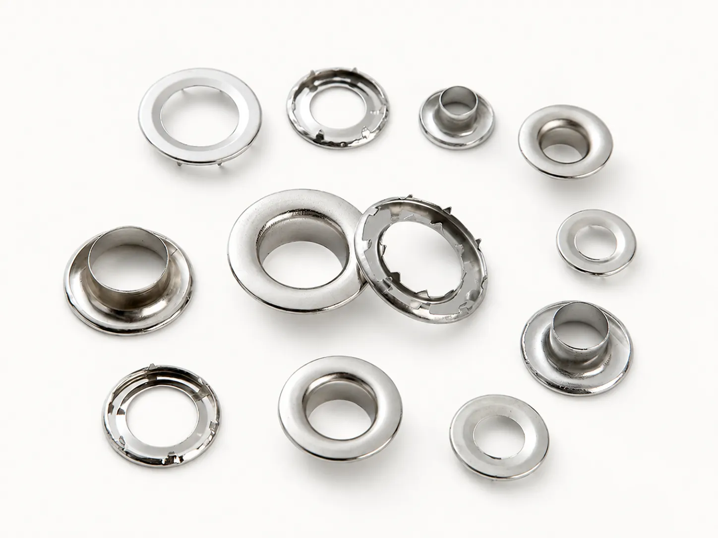Silver two-part metal eyelet components including face rings and washers