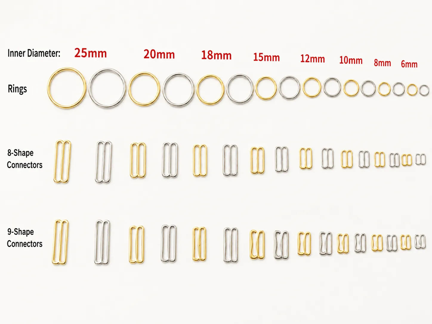 metal rings 8 shape connectors and 9 shape connectors size chart