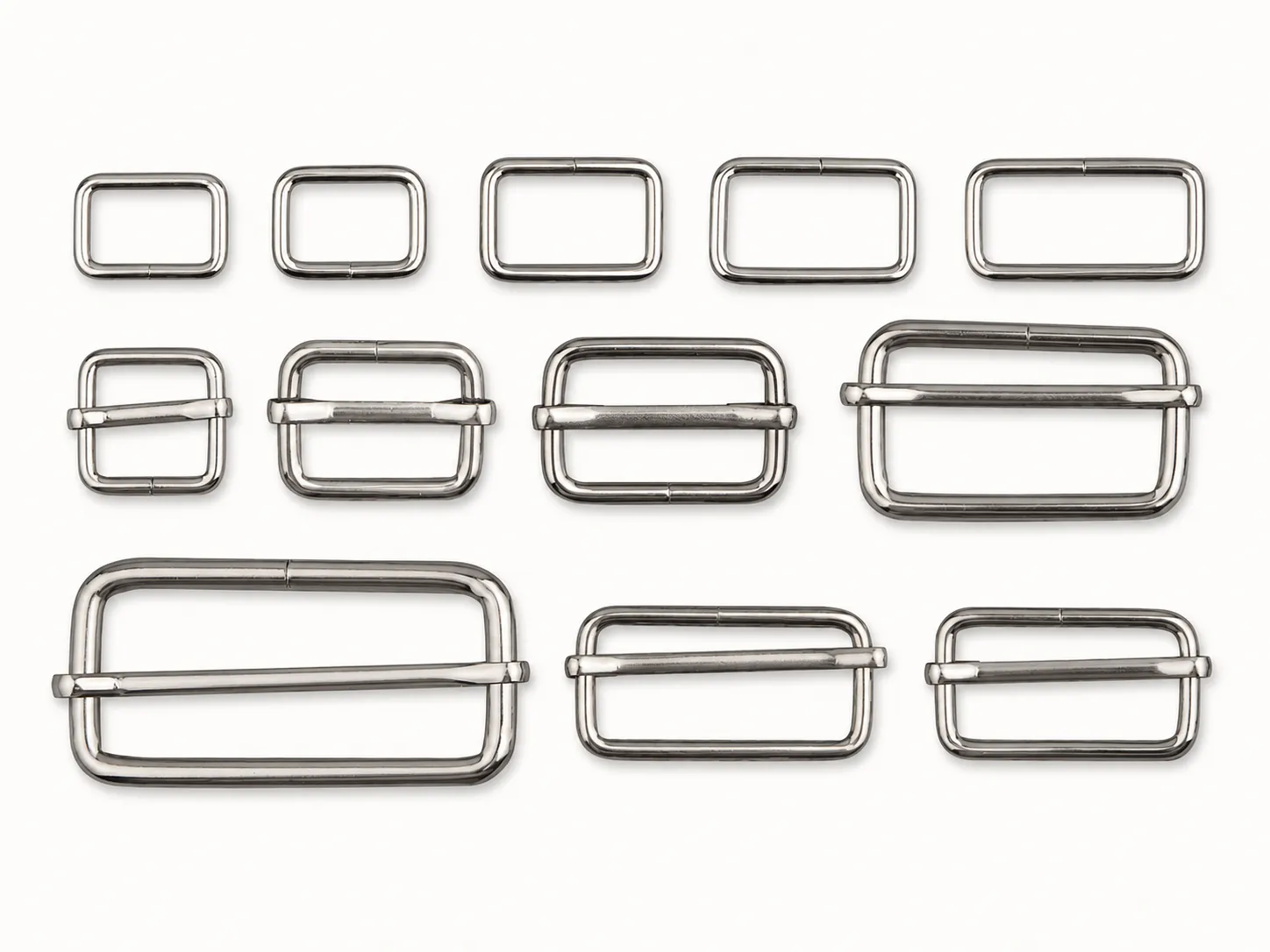 rectangular wire slide adjusters and metal strap adjusters in multiple sizes