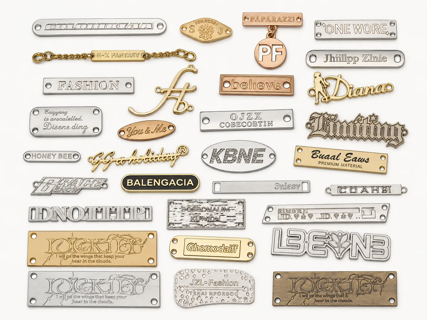 Assorted metal logo tags board with slim plates and script labels