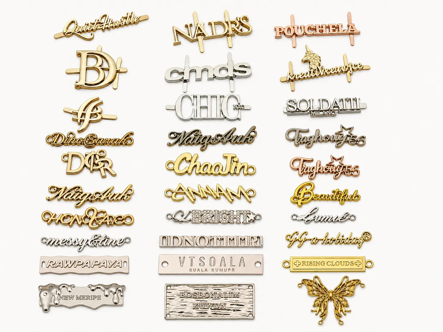Collection of script and wordmark metal labels in assorted finishes