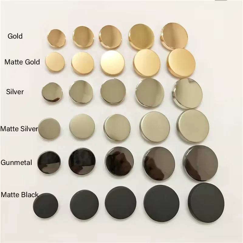 metal button finish options in gold silver gunmetal and matte black