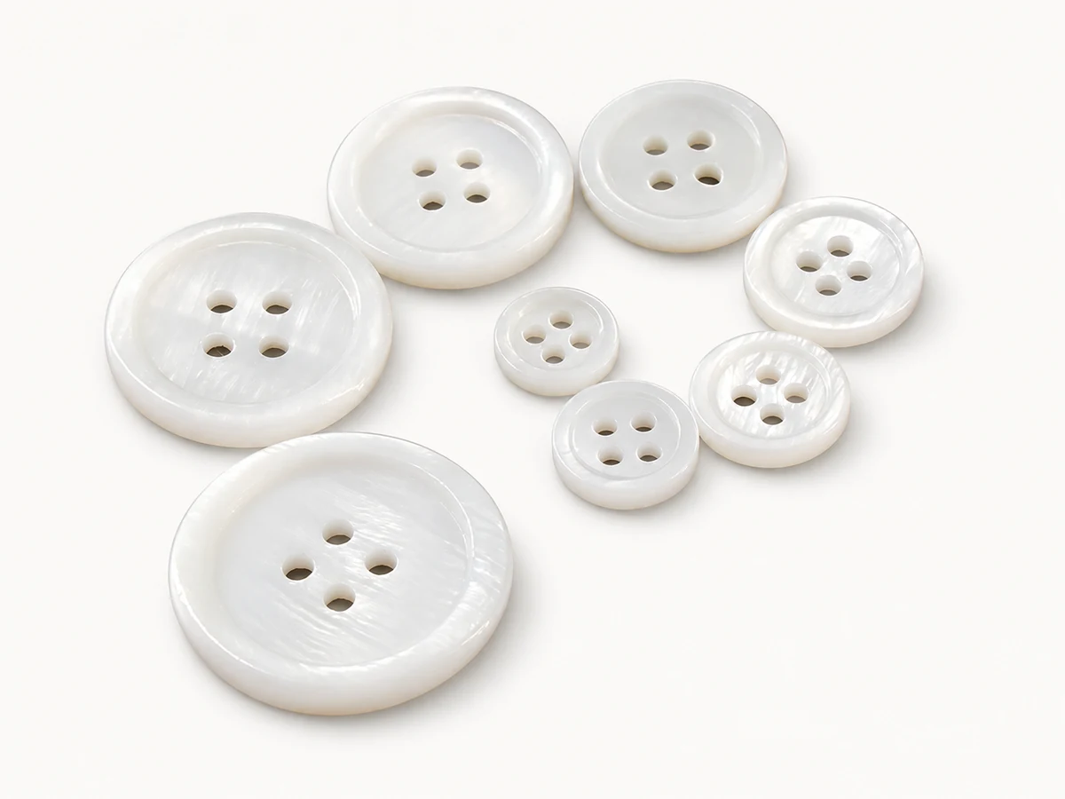 mother of pearl shell buttons in assorted sizes on white background