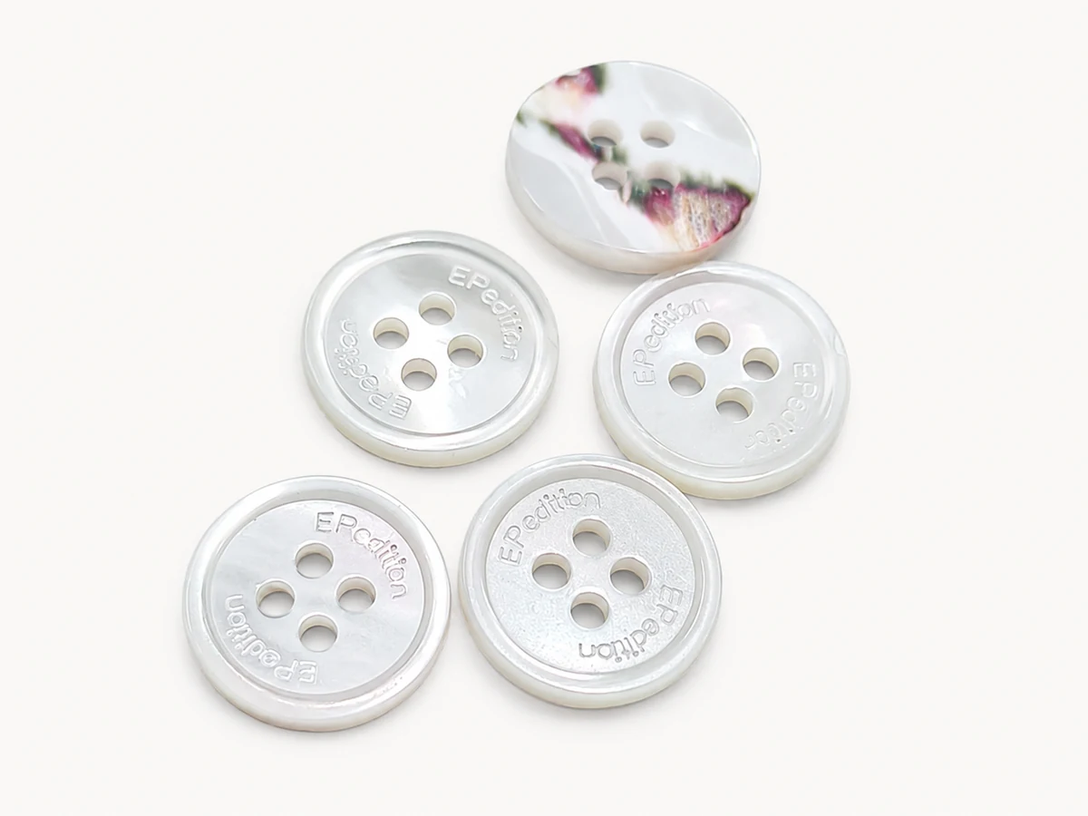 custom logo embossed mother of pearl shell buttons with four holes