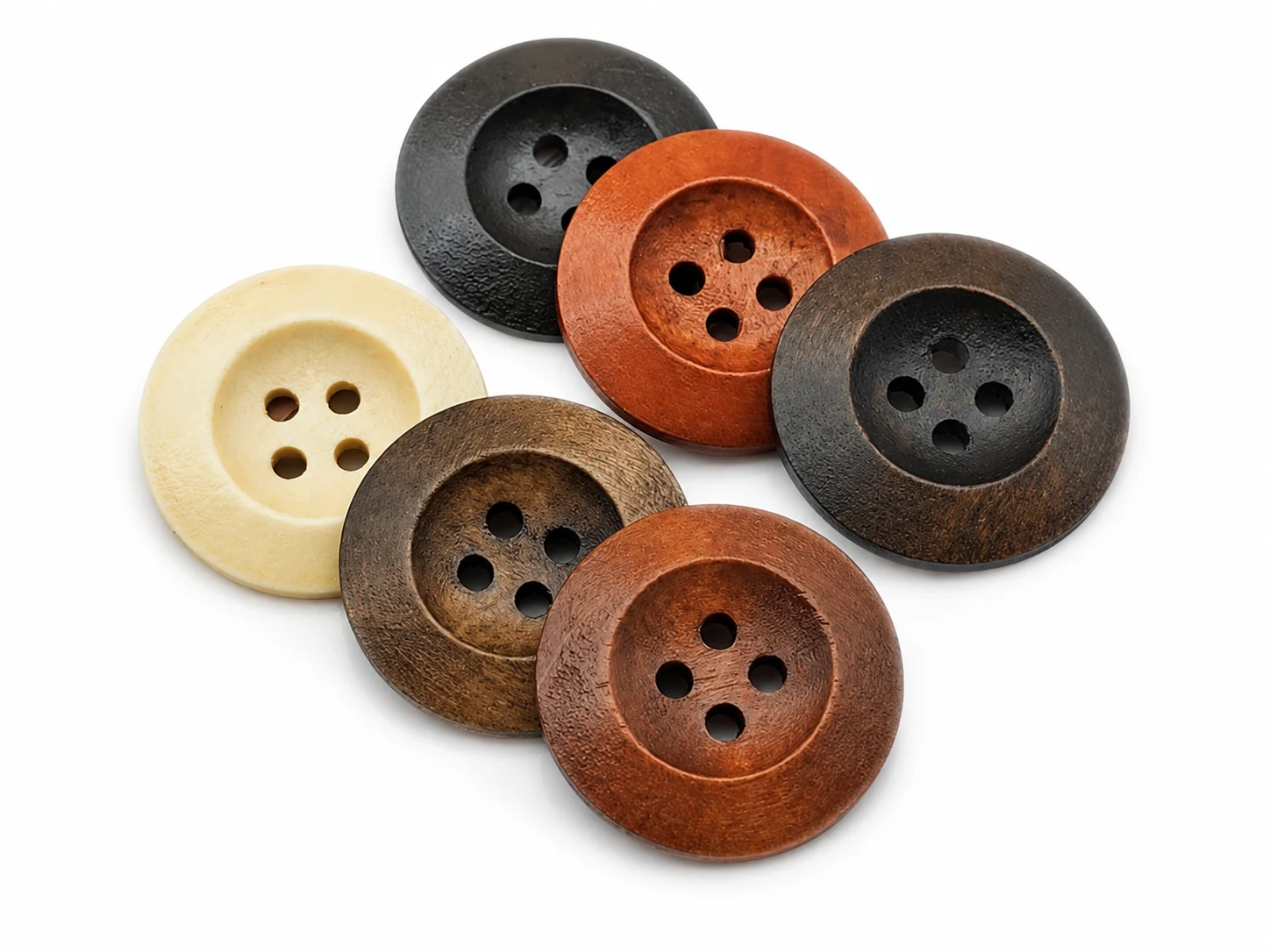 assorted classic wooden coat buttons in ivory brown reddish brown and black colors