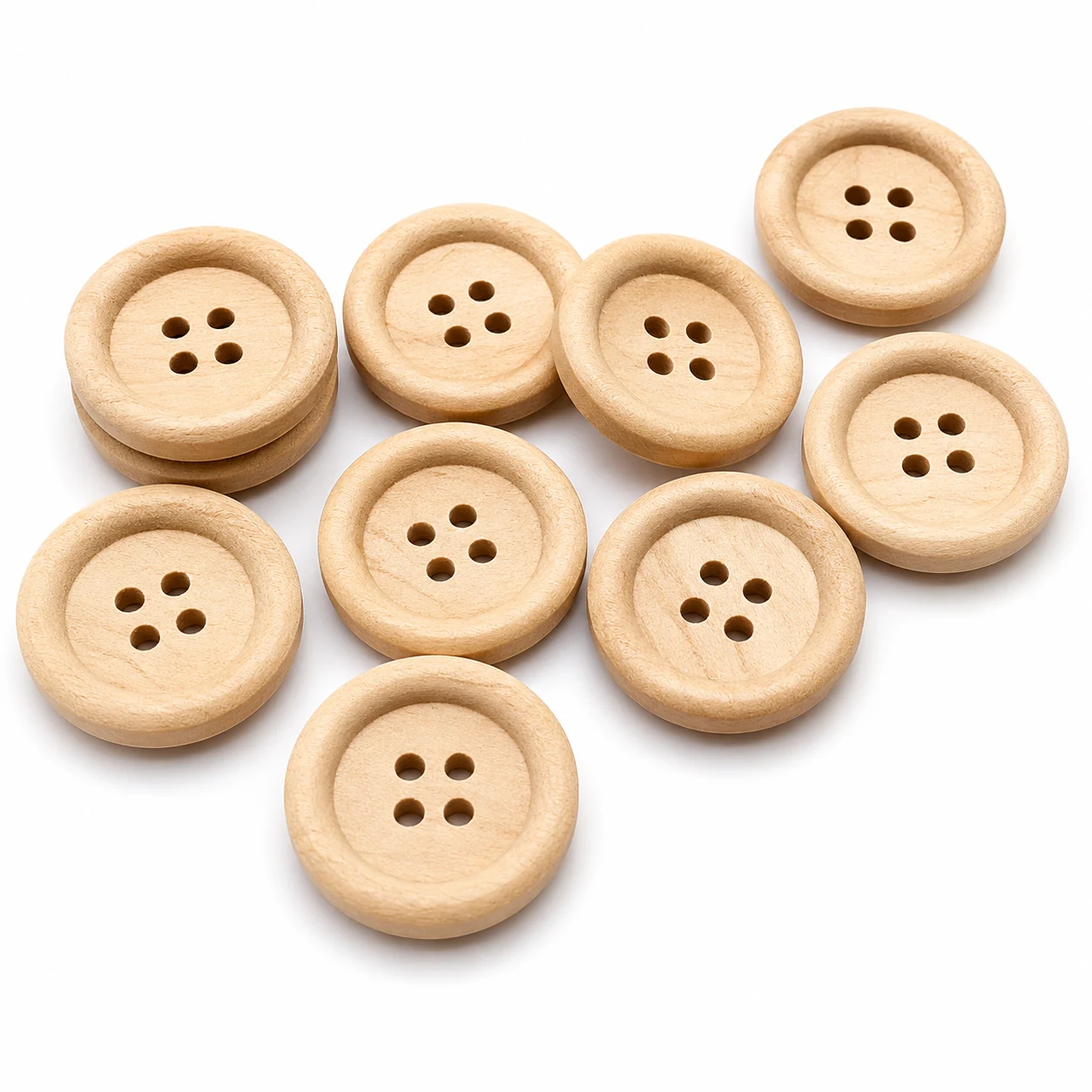 unfinished natural wood buttons with four holes in pale maple color