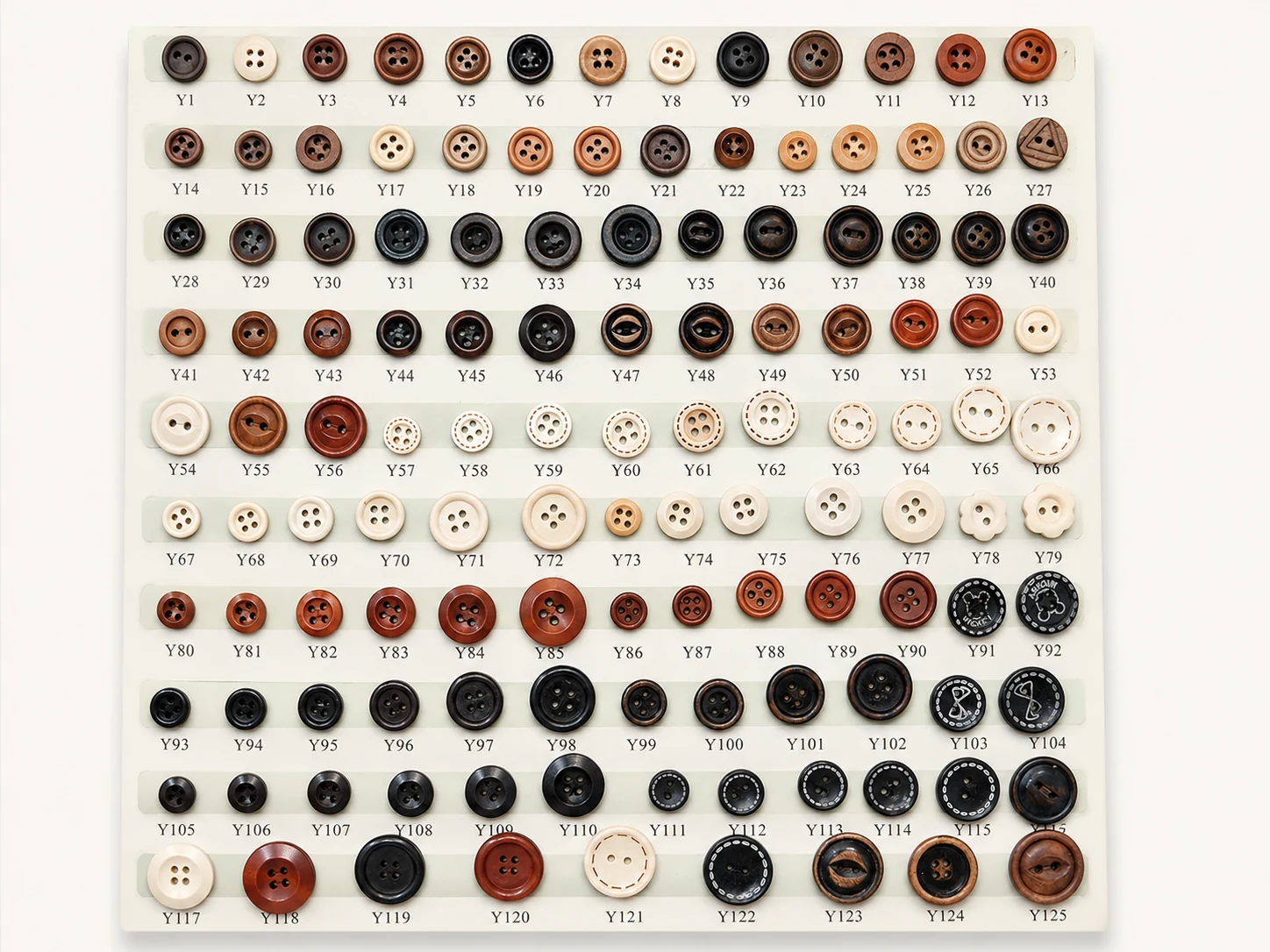large wooden button sample board showing Y1 to Y125 assorted designs and colors