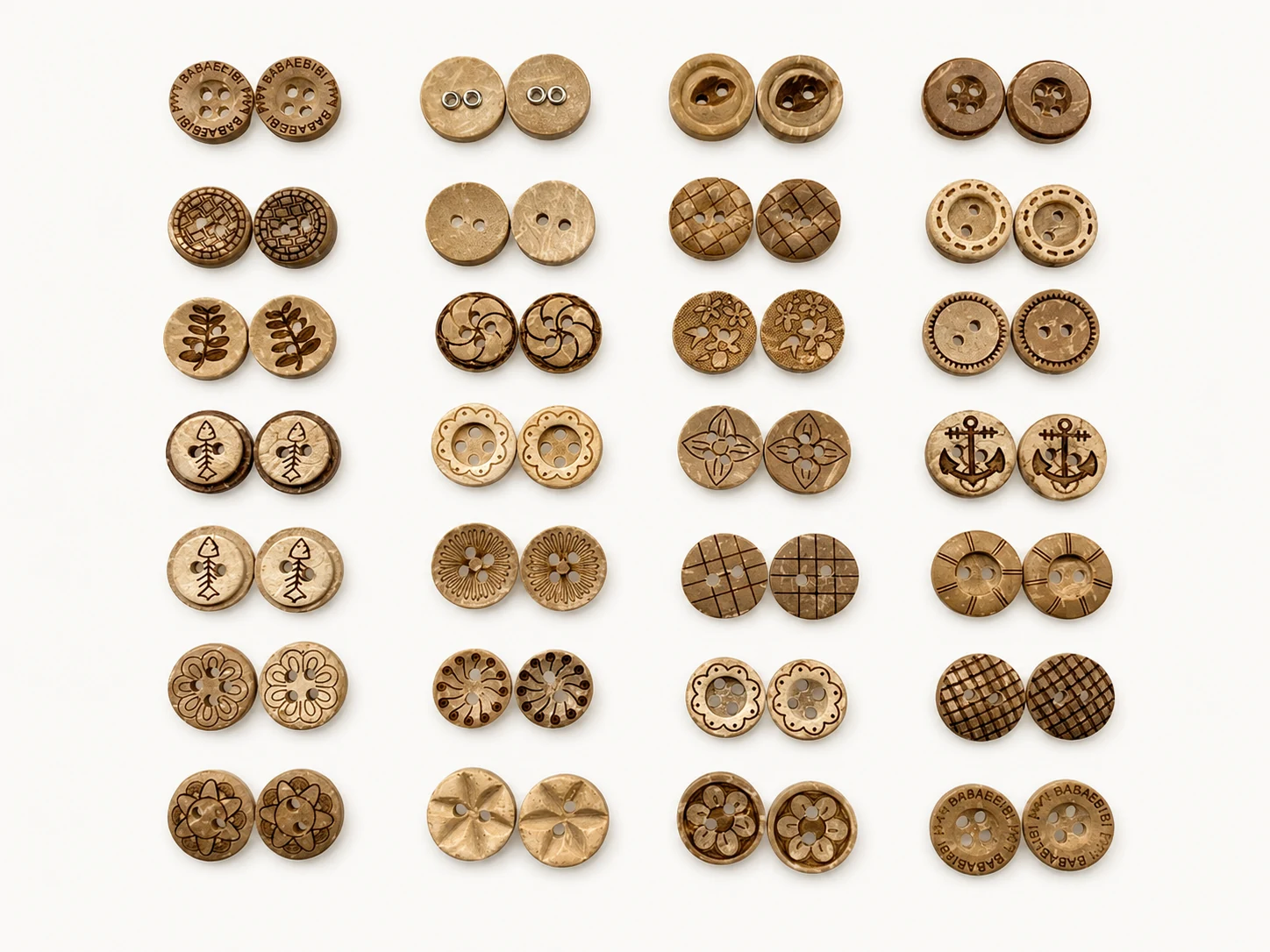 engraved coconut shell button designs with flowers leaves anchors grids and decorative patterns