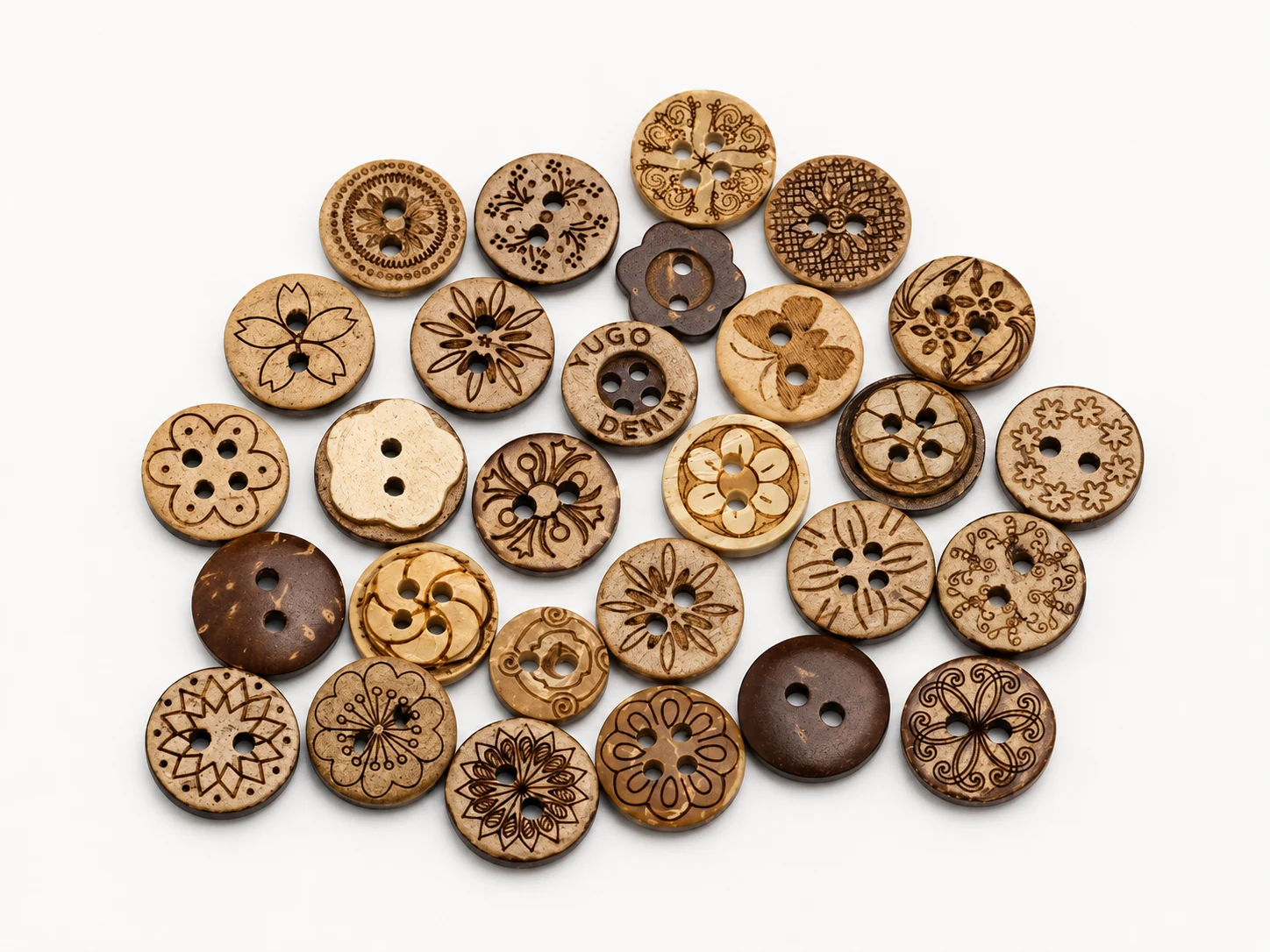 laser engraved coconut shell pattern buttons with floral and ethnic decorative designs