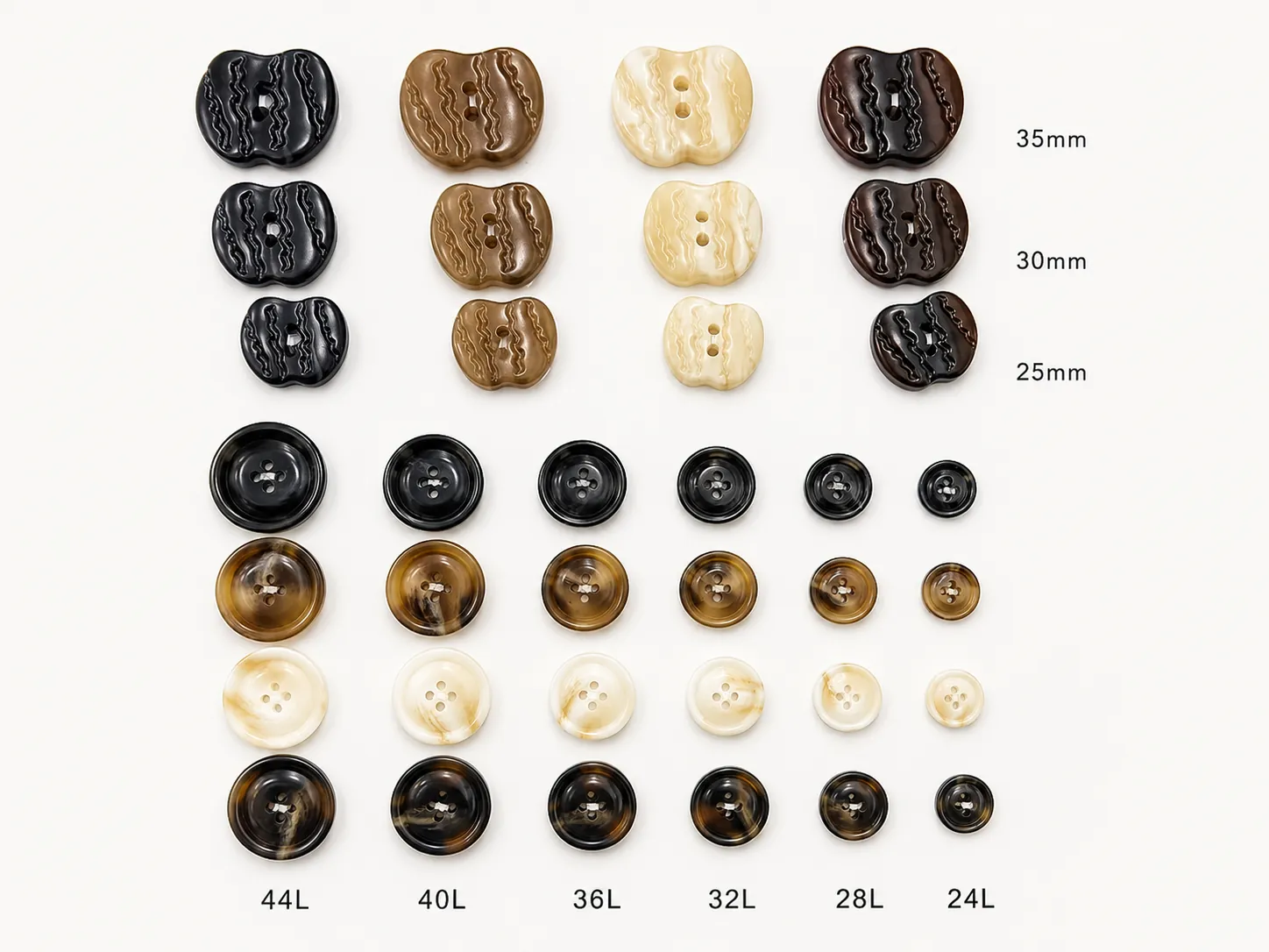 Sculpted horn-effect coat buttons chart in black coffee ivory and brown sizes