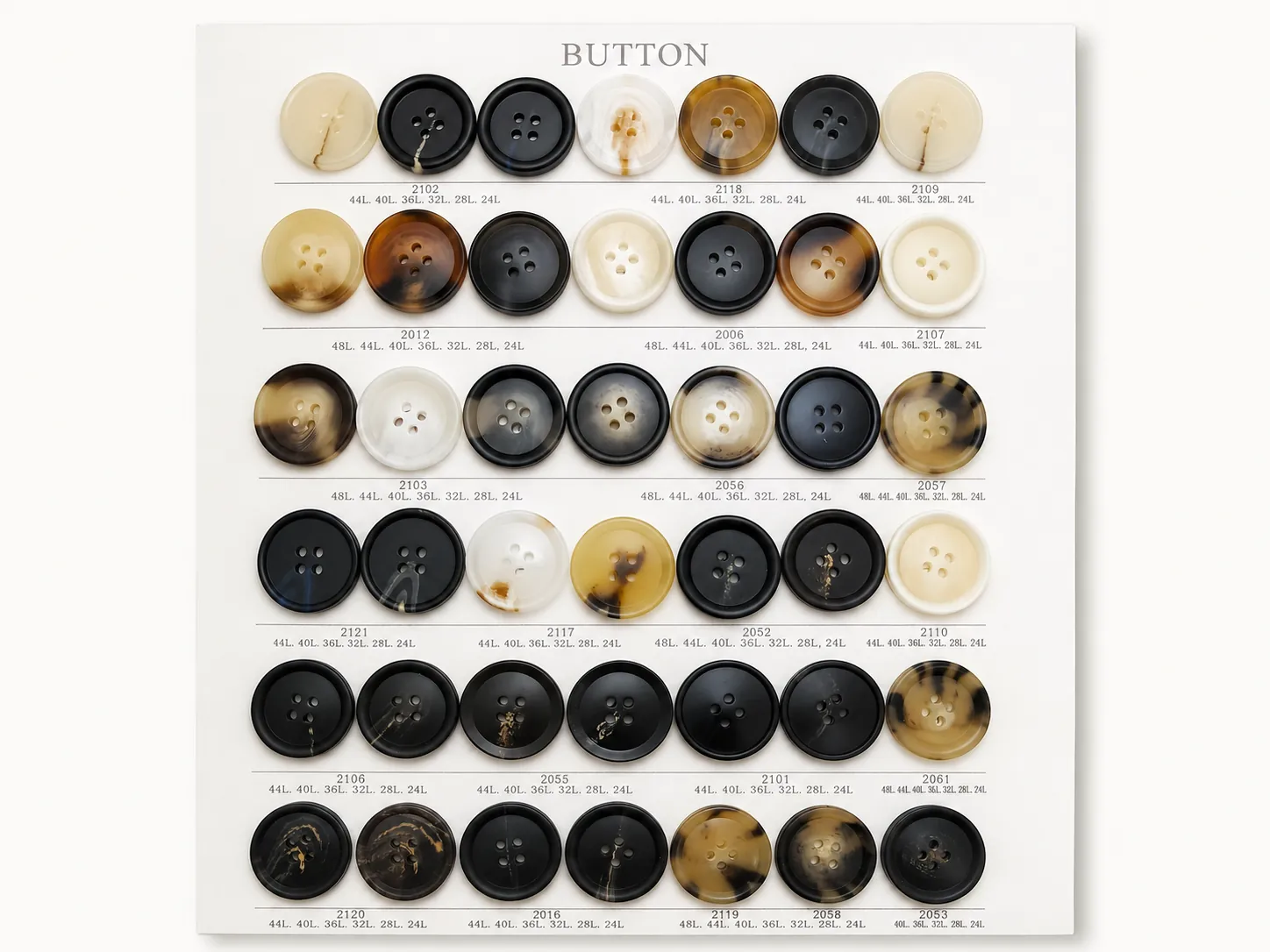 Classic horn-effect resin button sample board with multiple items and sizes
