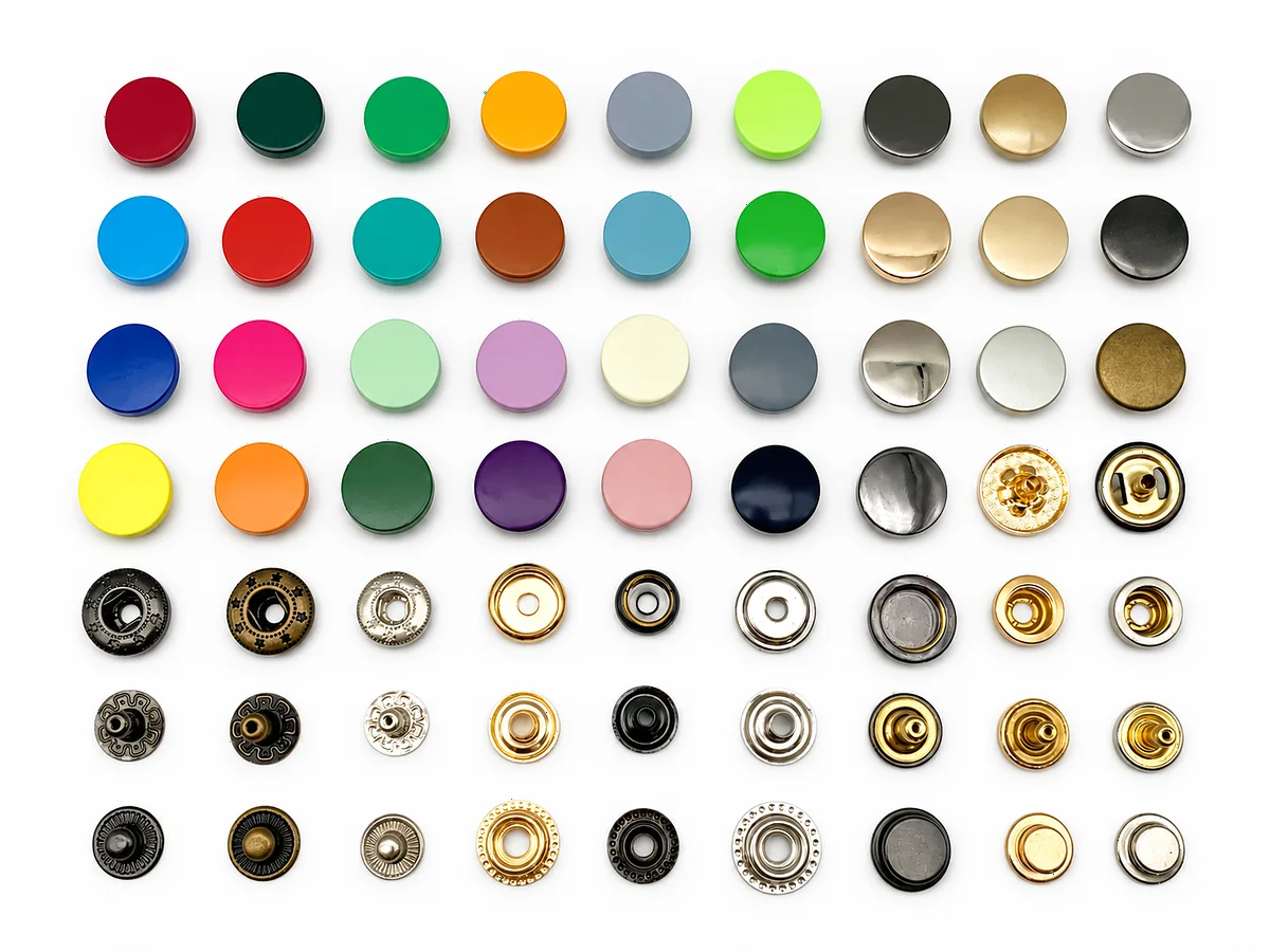 mixed snap cap and fastener assortment with colored caps and metal components
