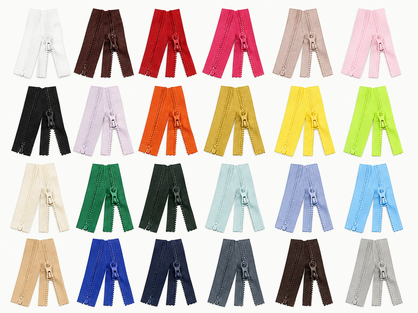 color chart grid of open end resin plastic zippers in multiple colors