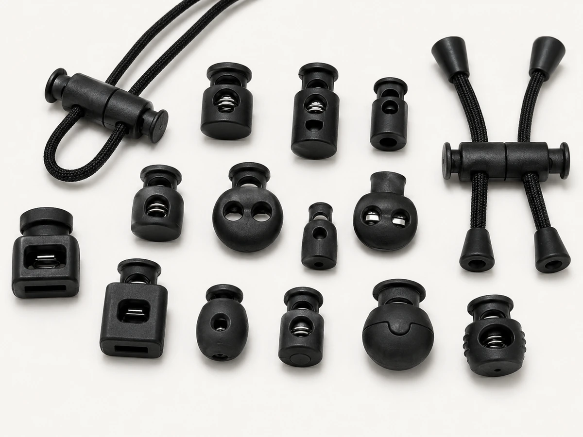 Plastic spring cord lock stoppers and toggles in black