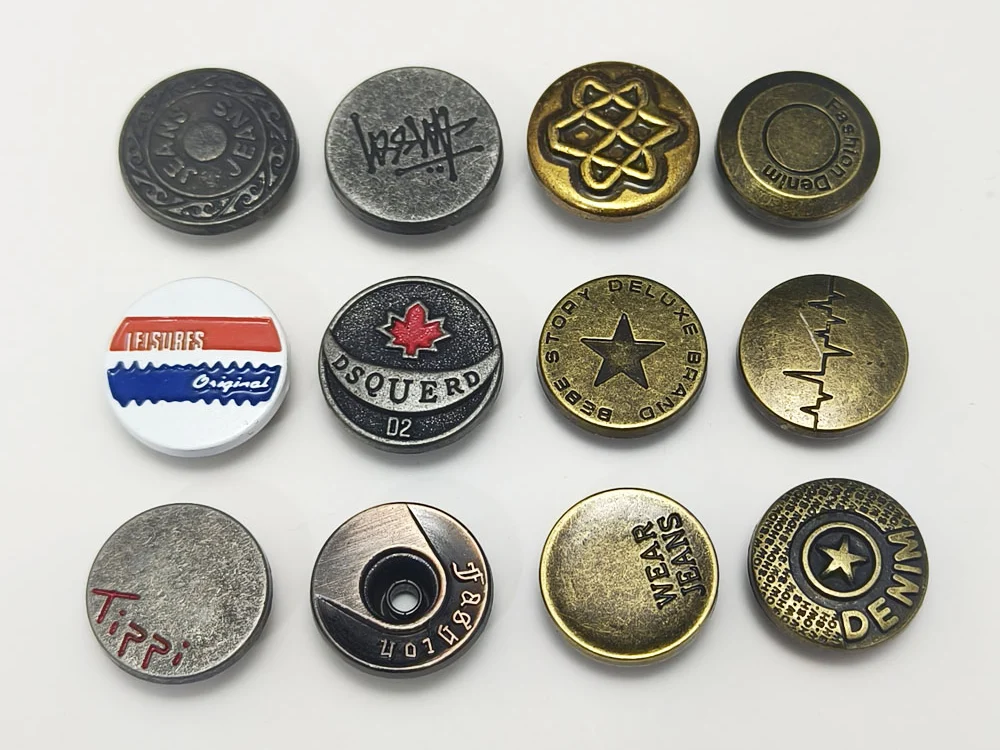 Brass jeans tack button with embossed logo for denim
