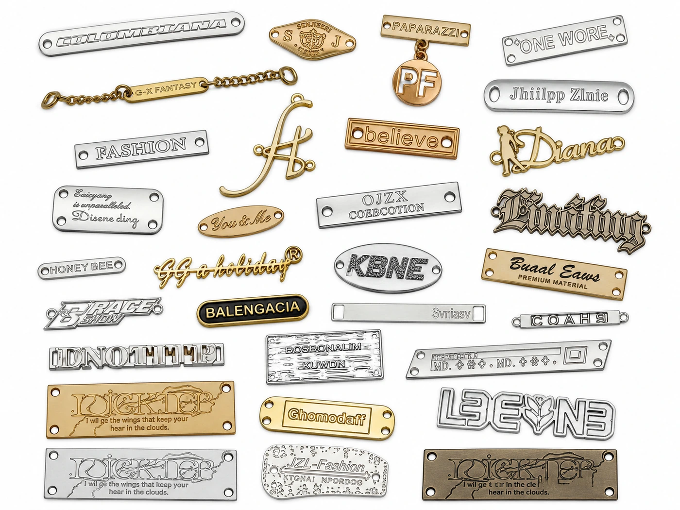 Assorted metal logo tags and brand plates in gold and silver finishes