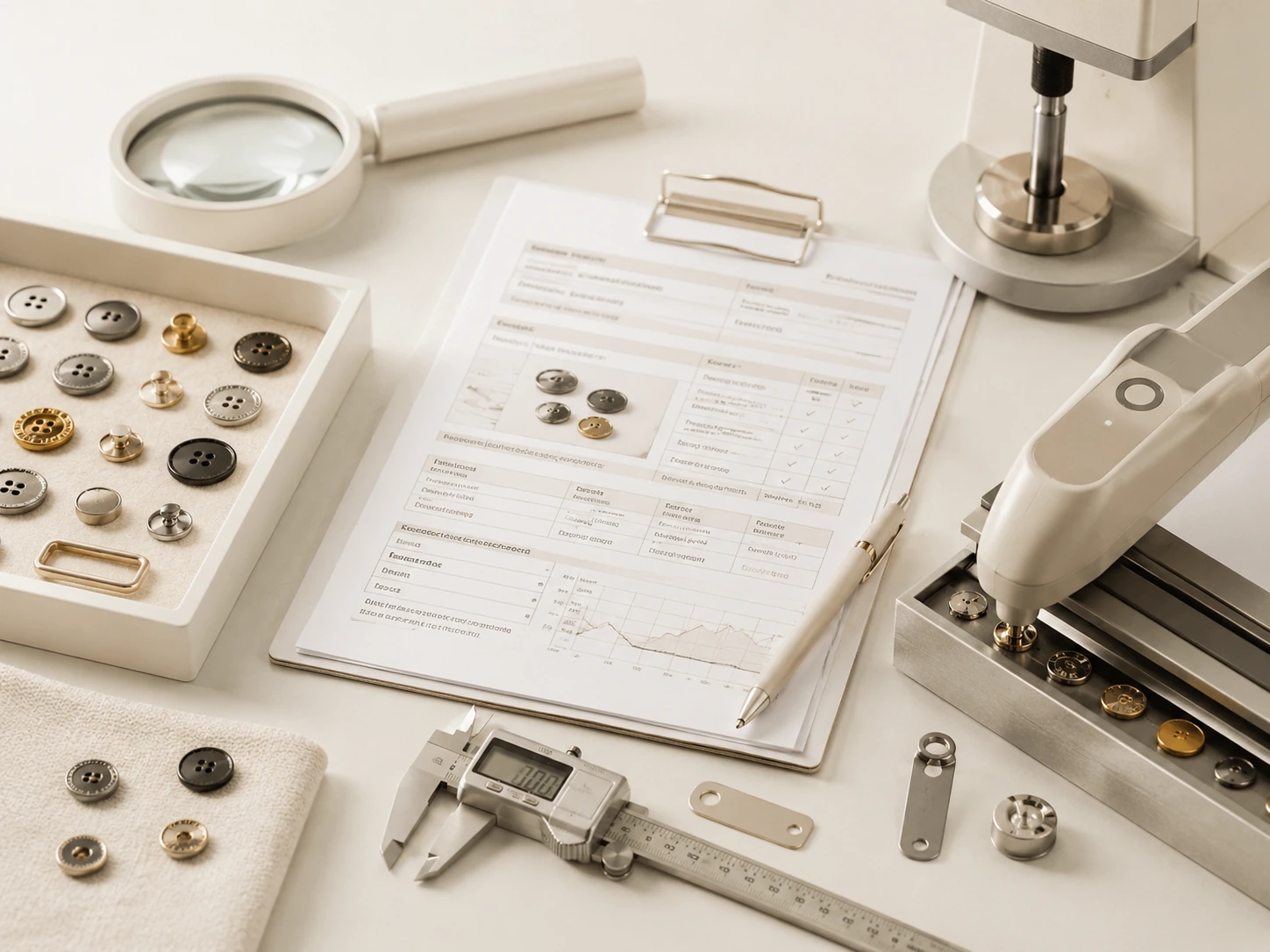 Button quality control, dimensional inspection and compliance testing setup