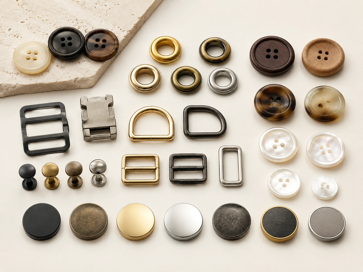Assorted buttons and metal accessories showing different materials and finish options