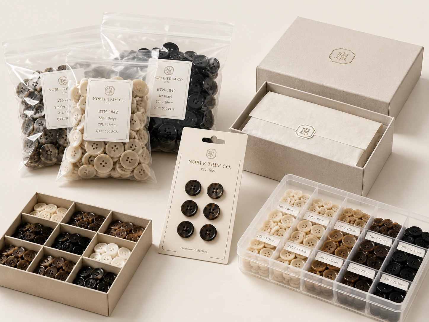 Custom button packing options including retail cards, bags, labeled kits and gift boxes