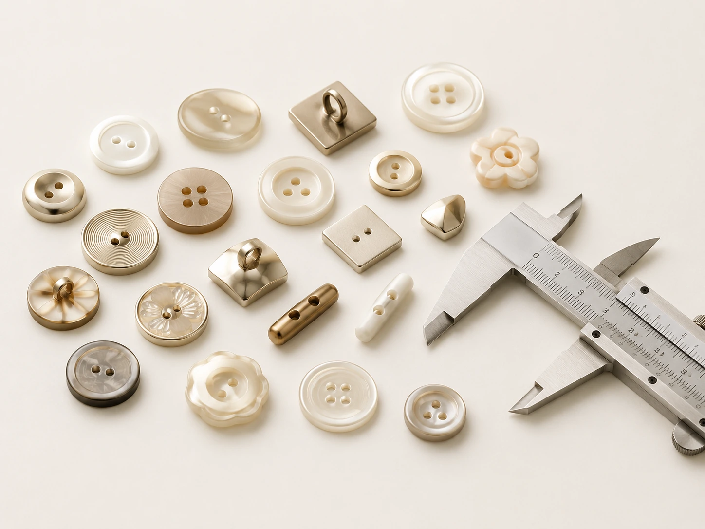 Custom button shapes and sizes displayed with a caliper for dimension control