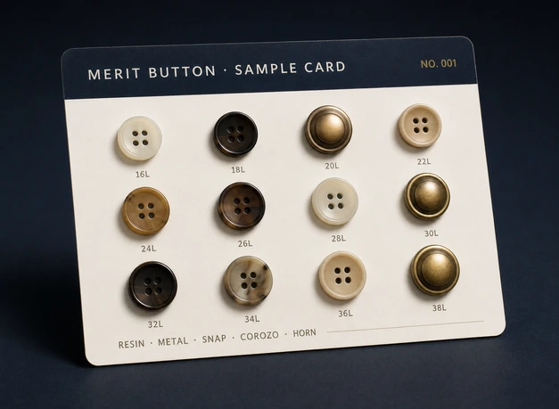 Merit Trims free sample specimen card with 12 mounted buttons