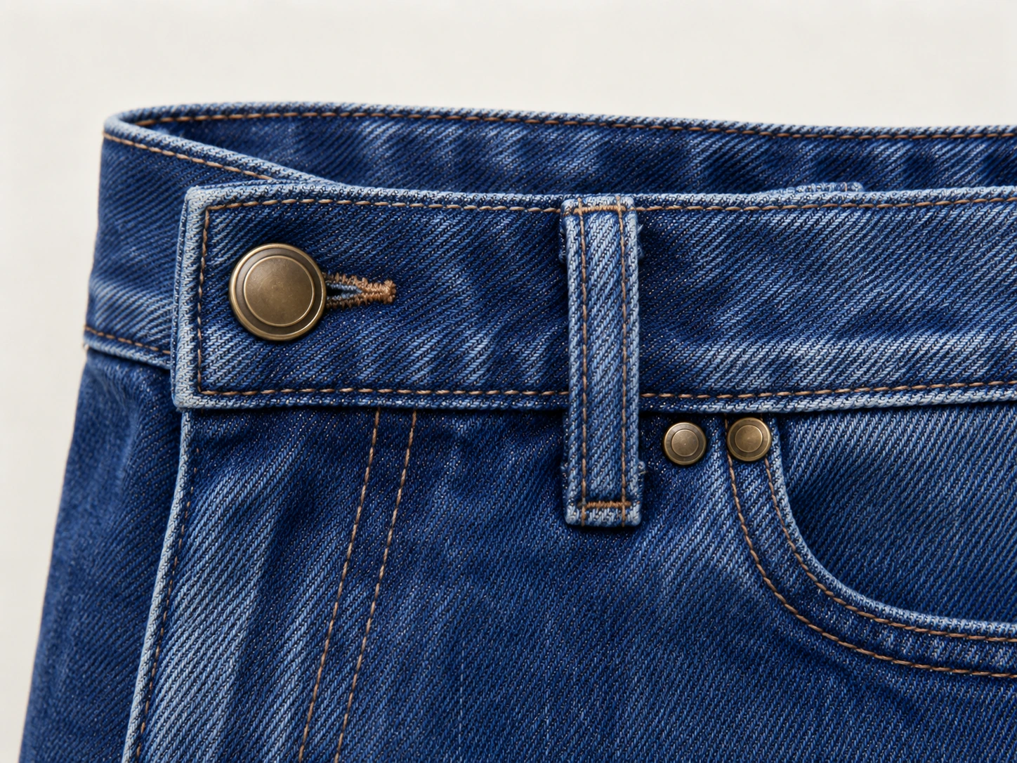 Jeans tack button and rivets on a denim waistband